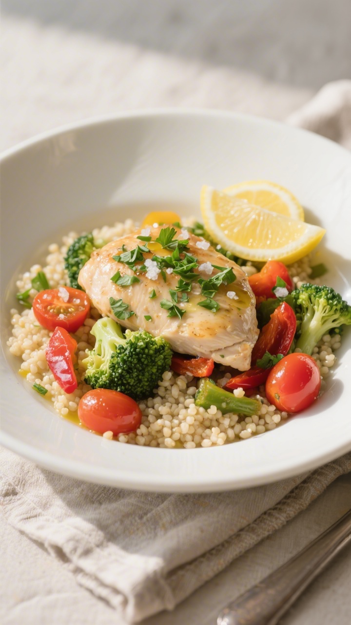 Final plated dish: Beautifully plated Lemon Herb Chicken Veggies over fluffy couscous in a wide whit