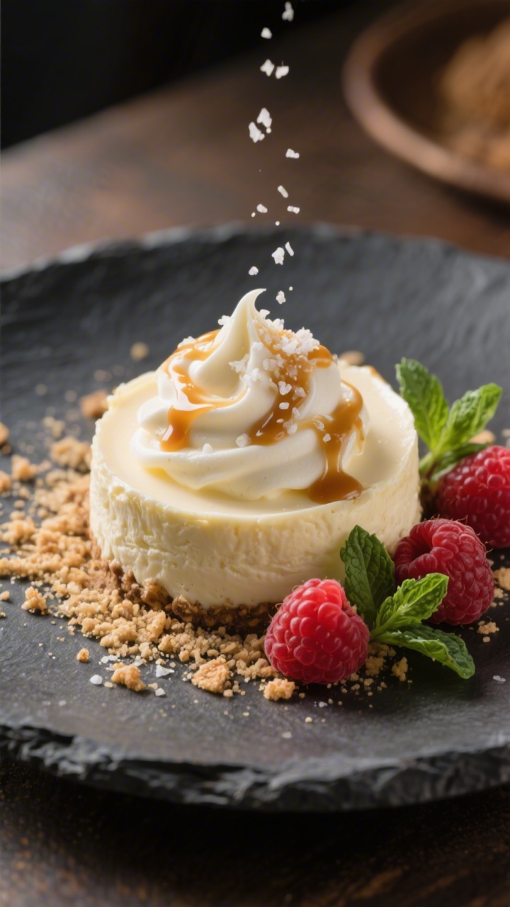 Final plated presentation: Elegant dessert-style plating of cheesecake dip as a centerpiece dollop w
