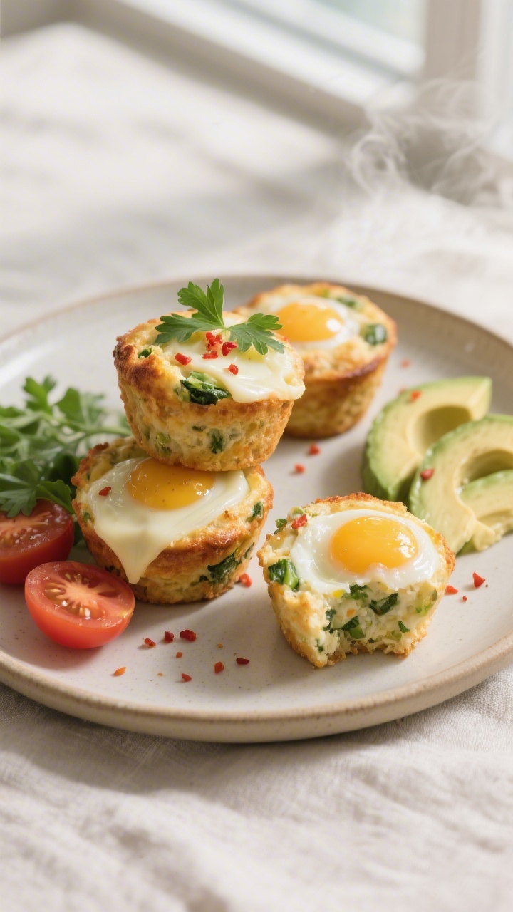 Final plated presentation: Restaurant-quality plate with 3 mini veggie egg muffins stacked and sligh