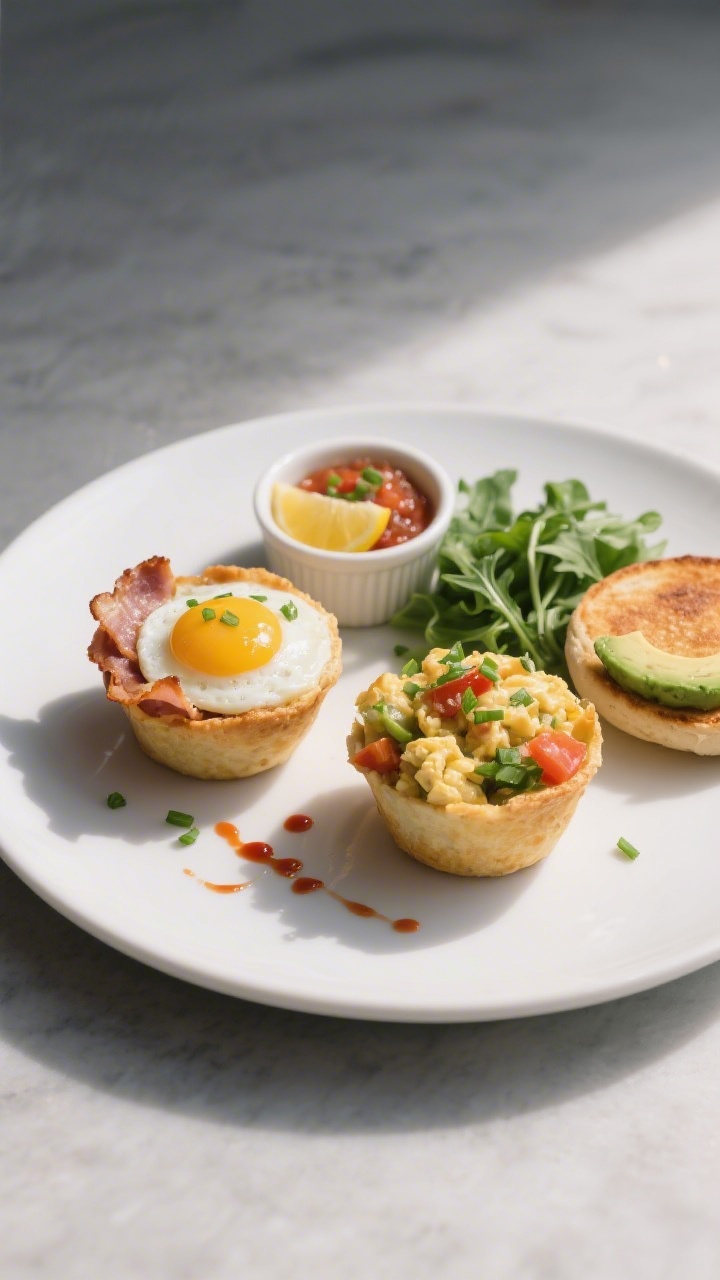 Final plated presentation: Two turkey-bacon and egg cups (one whole-egg with runny center, one scram