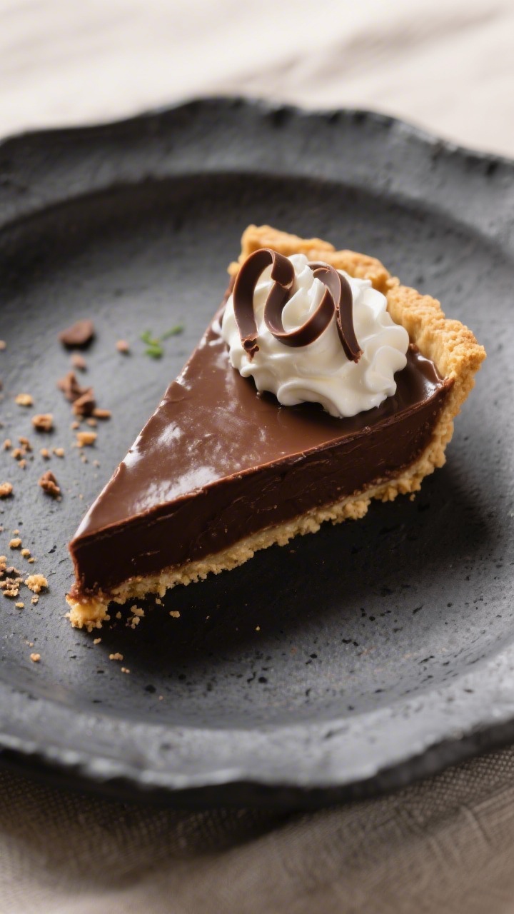 Final plated slice, : A single slice of chocolate pudding pie on a charcoal stoneware plate, showcas