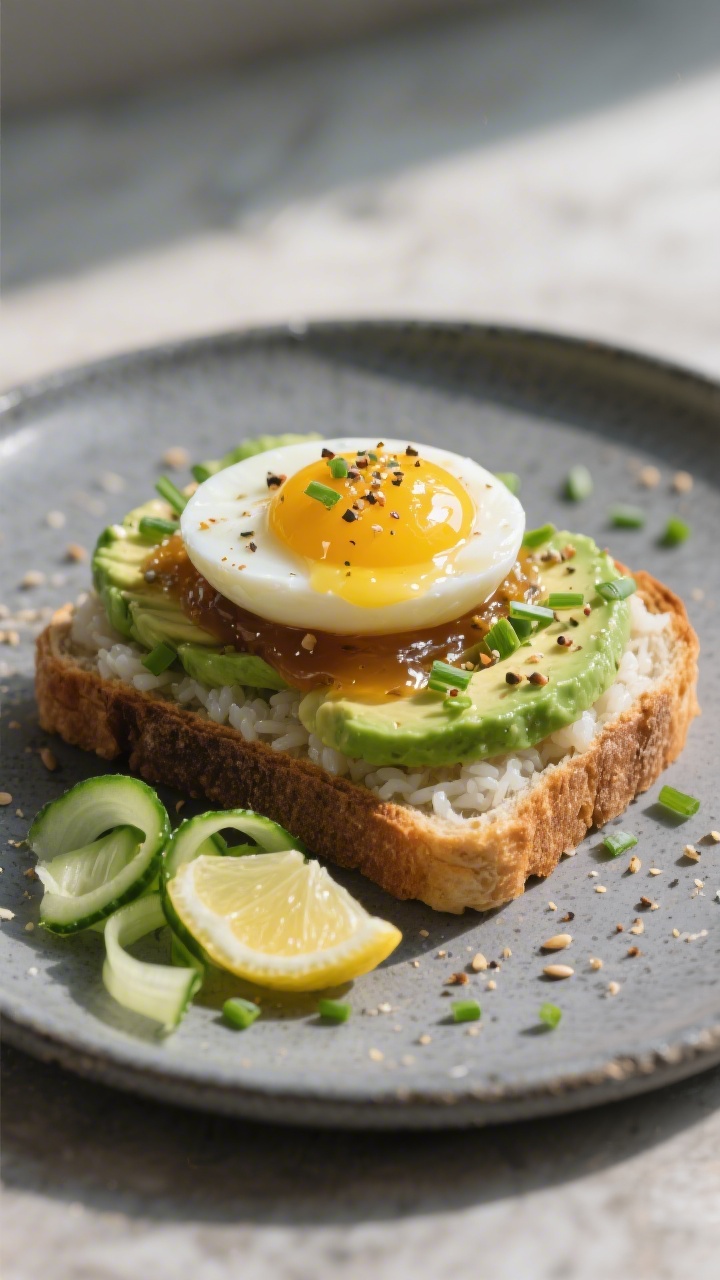 Final plated variation, restaurant-quality: Beautifully plated “Protein boost” avocado toast on 