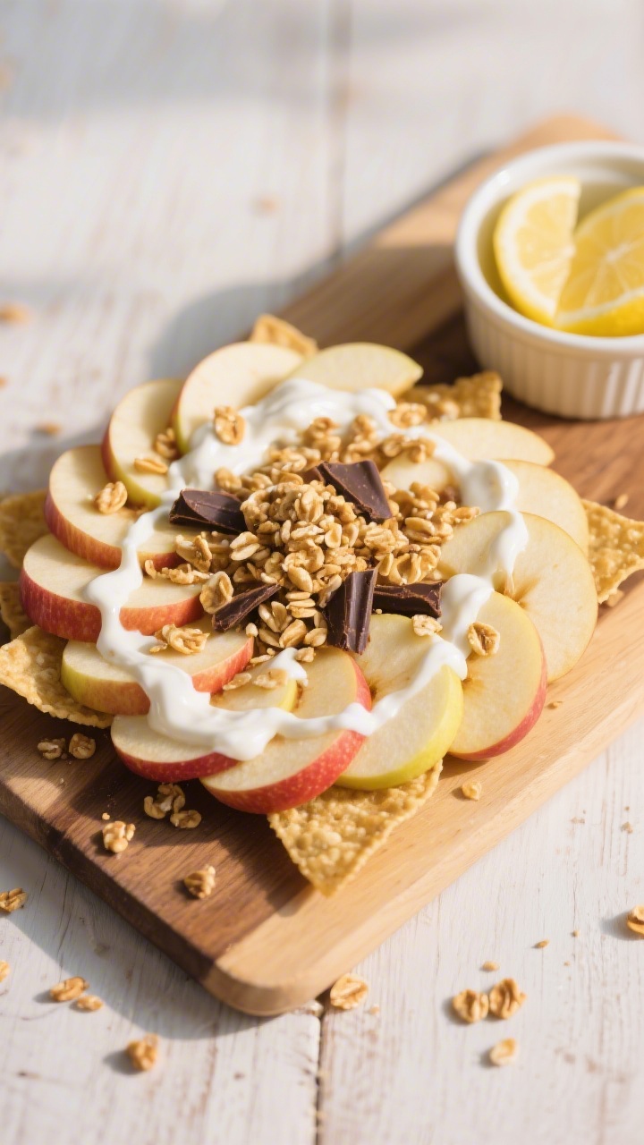 Final plated variation: “Yogurt Glow” apple nachos styled as a snack board—apple rounds arrang
