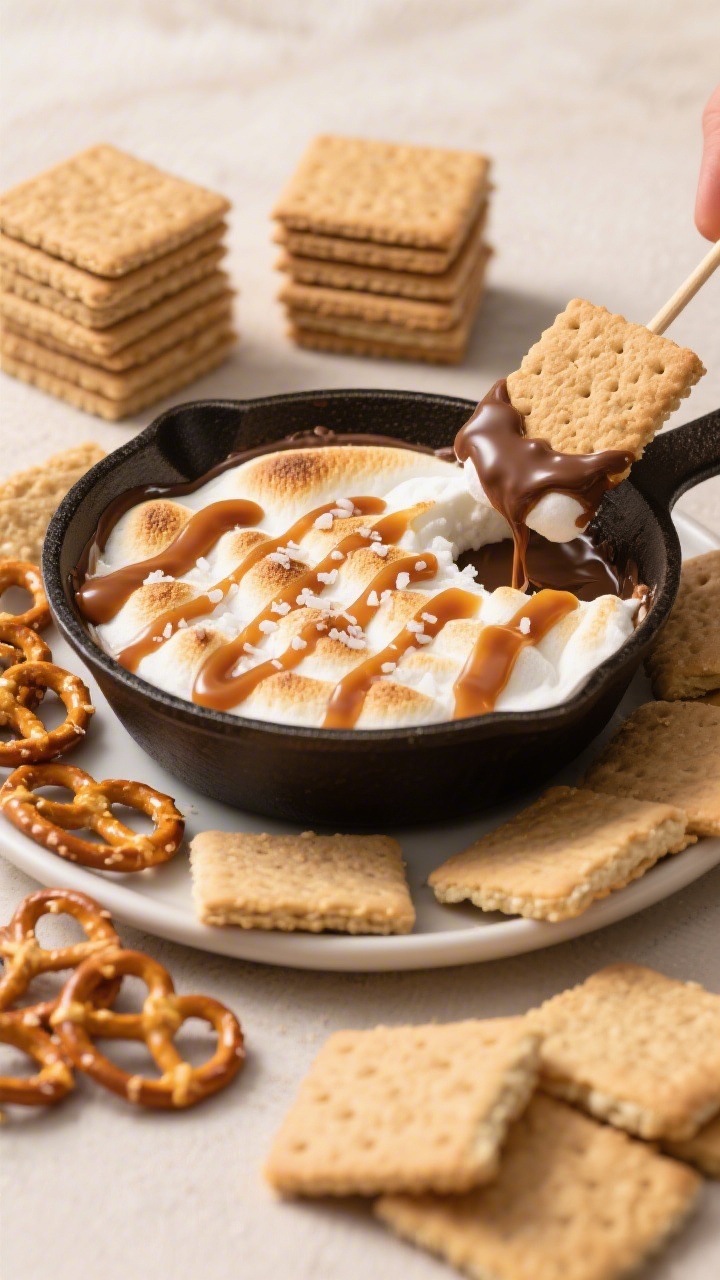 Final presentation: Beautifully served s’mores dip on a tabletop spread, of the skillet surrounded