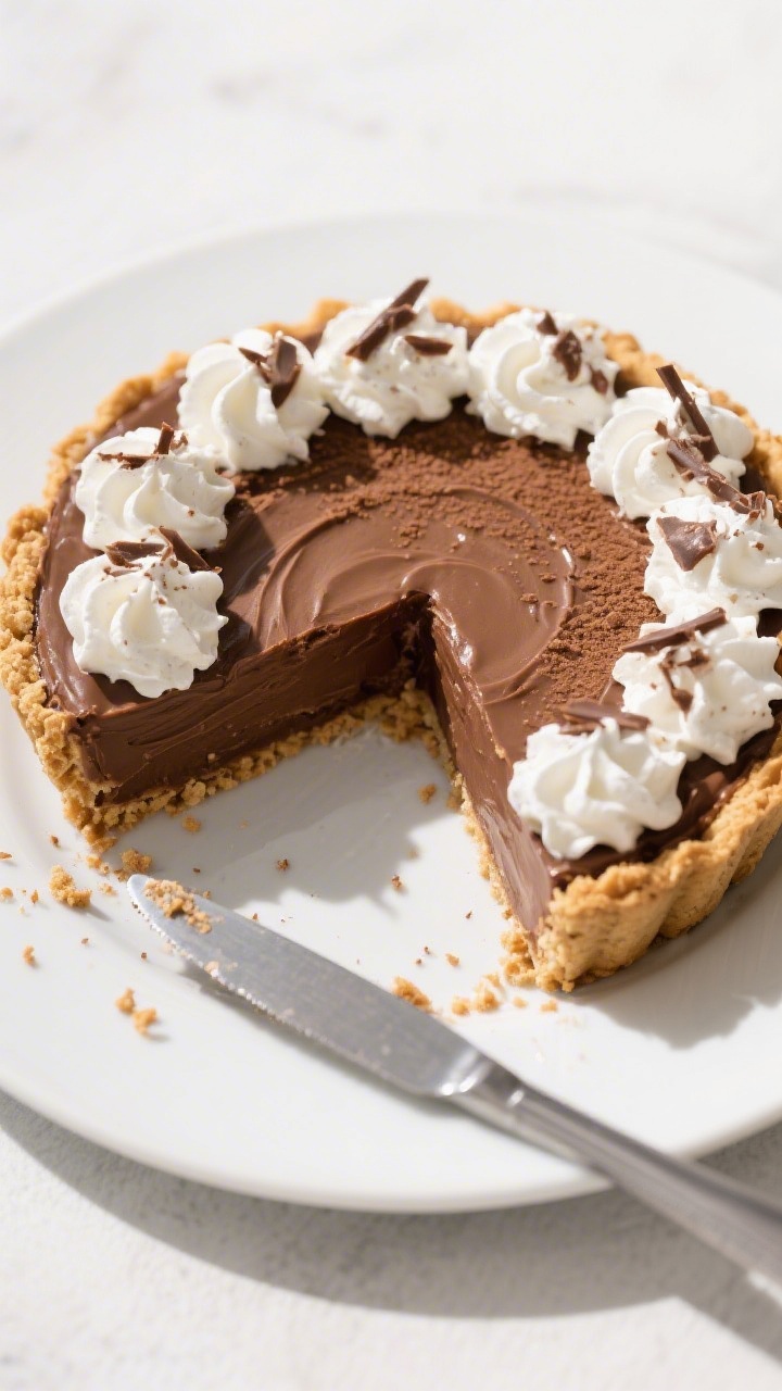 Overhead final presentation: Chocolate pudding pie in a 9-inch graham cracker crust, fully set and t