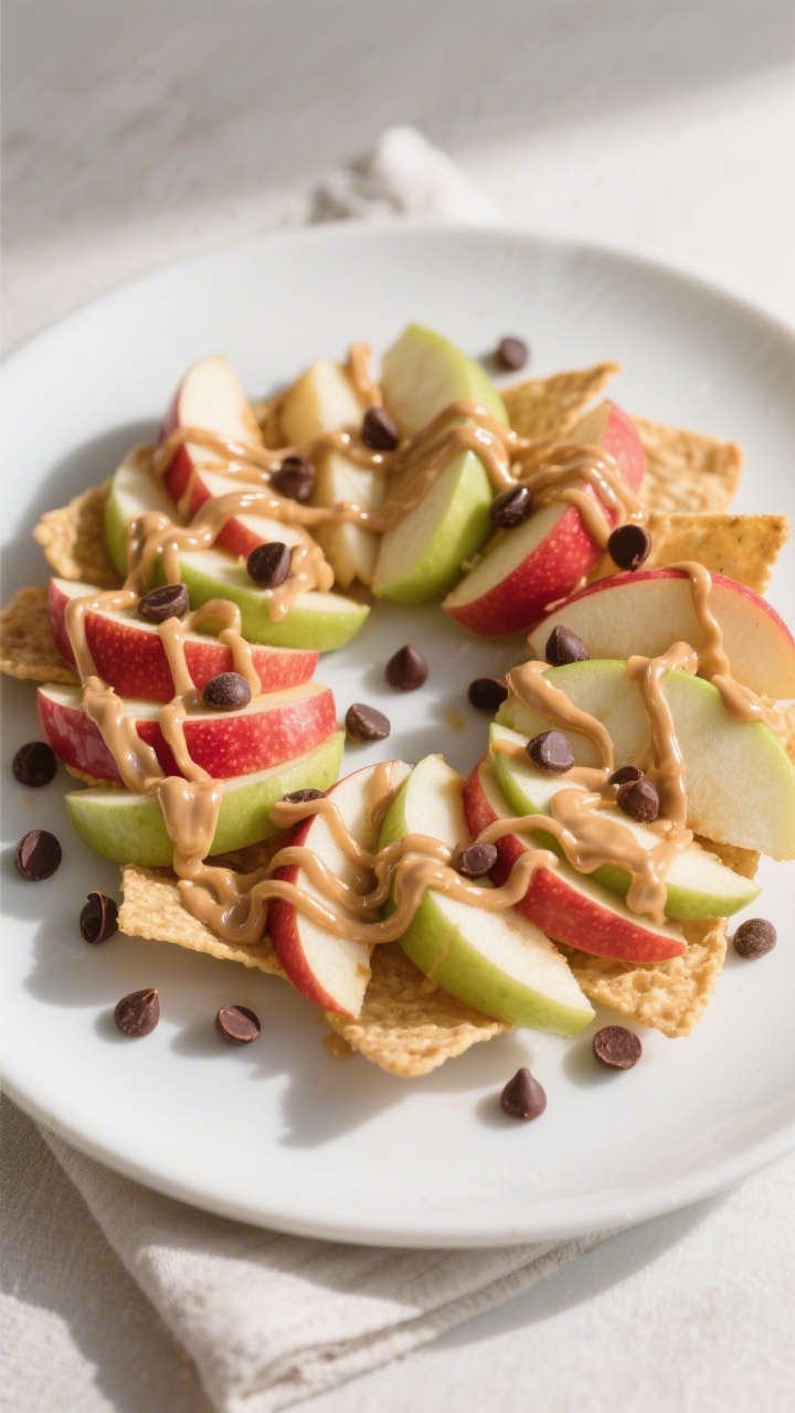 Overhead shot of prepared apple nachos arranged in a loose, single-layer spiral on a matte white pla