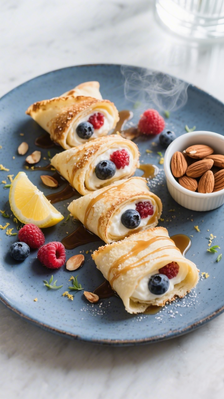 Overhead tasty top view: A brunch scene with 3 rolled coconut–almond crepes arranged in a staggere