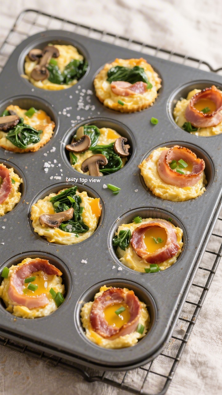 Overhead “tasty top view”: A full 12-cup nonstick muffin tin on a cooling rack, each cavity fill