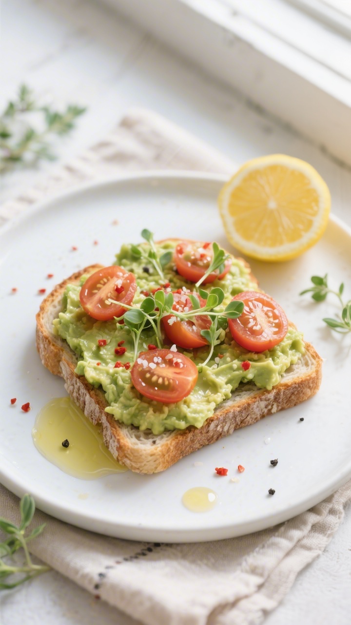 Overhead tasty top view: Overhead shot of avocado toast on rice bread, generously spread with chunky