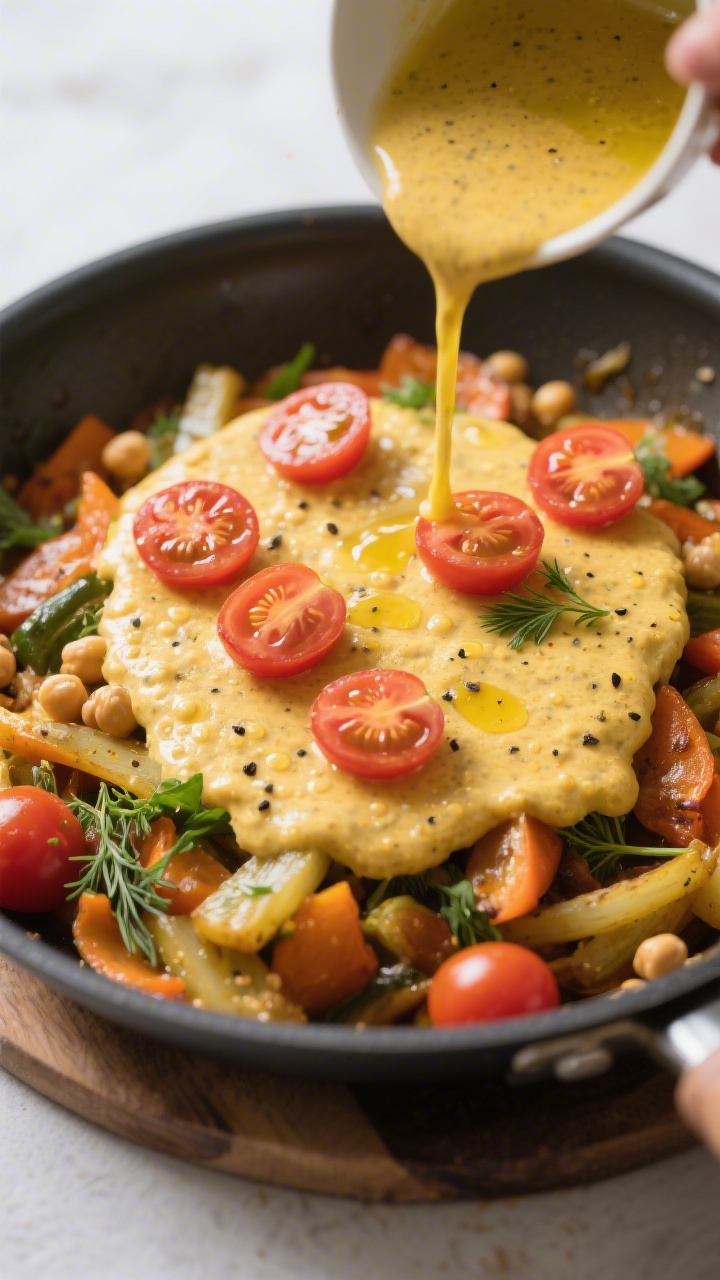 Savory Chickpea Flour Veggie Frittata - A Hearty, Egg-Free Brunch Favorite 3 Tasty top view — Batter pour and tomato topping: Overhead shot of the chickpea flour batter freshl