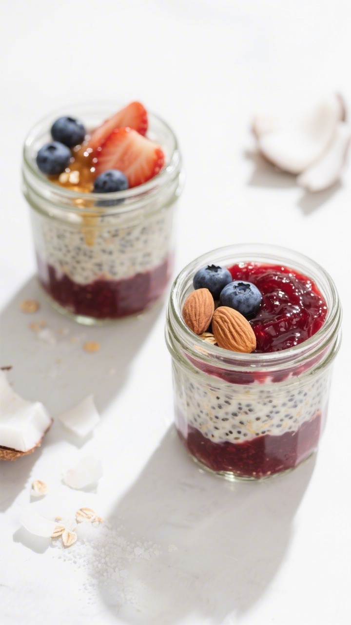 Tasty top view — layered overnight oats: Overhead shot of two glass jars filled with layered Berry