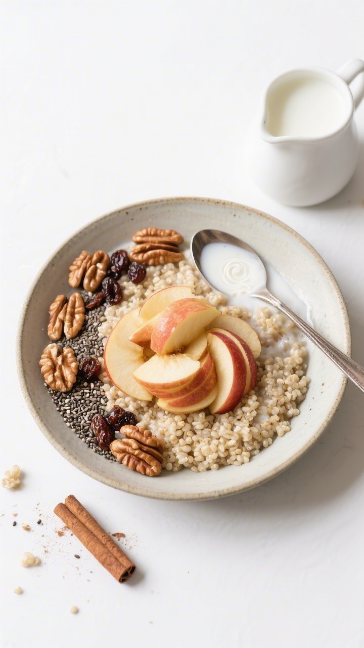 Tasty top-view meal-prep spread: Overhead shot of assembled quinoa breakfast bowl showing distinct f