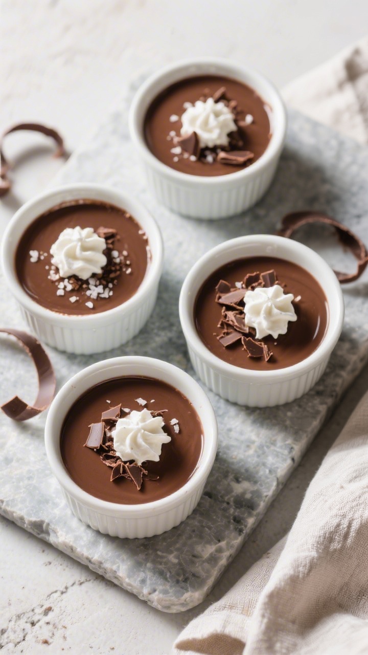 Tasty top view, overhead shot: Freshly portioned chocolate pudding in small white ramekins, surfaces