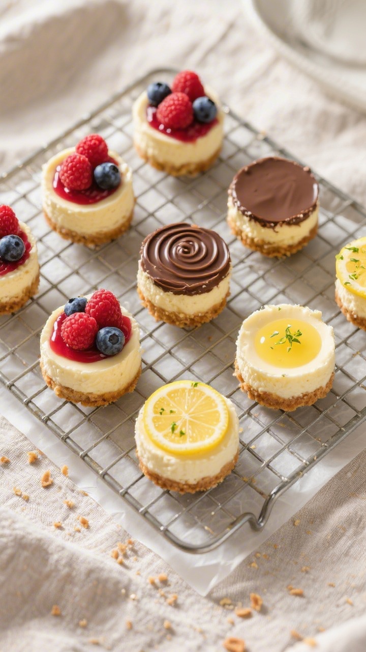 Tasty top view: Overhead shot of a cooling rack filled with chilled mini cheesecake bites, three top