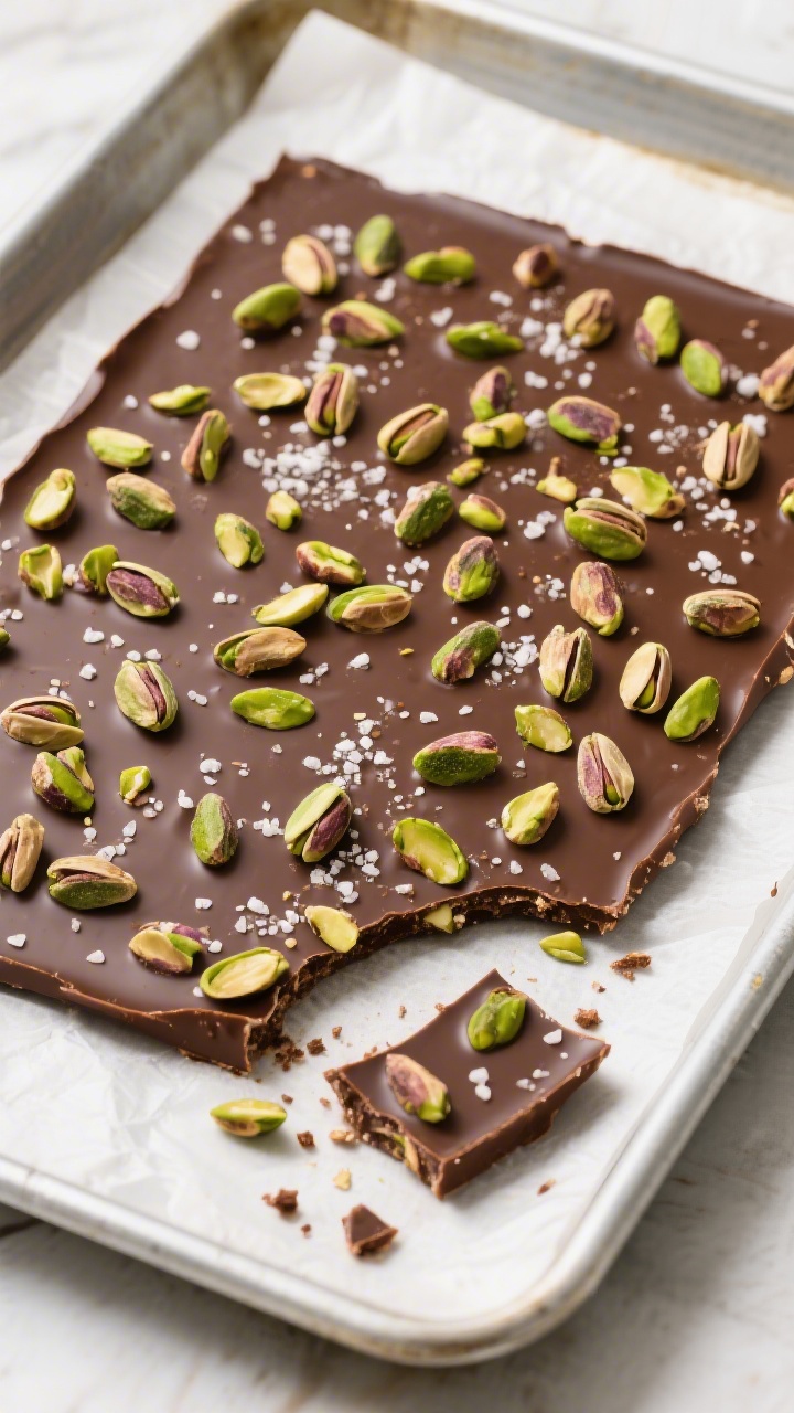 Tasty top view: Overhead shot of a fully set “Salted Pistachio” chocolate bark slab on a rimmed 
