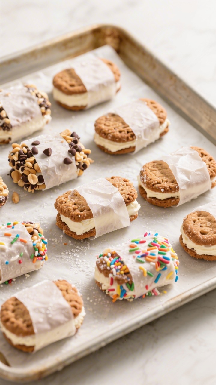 Tasty top view: Overhead shot of a lined baking tray with a neat grid of finished ice cream sandwich