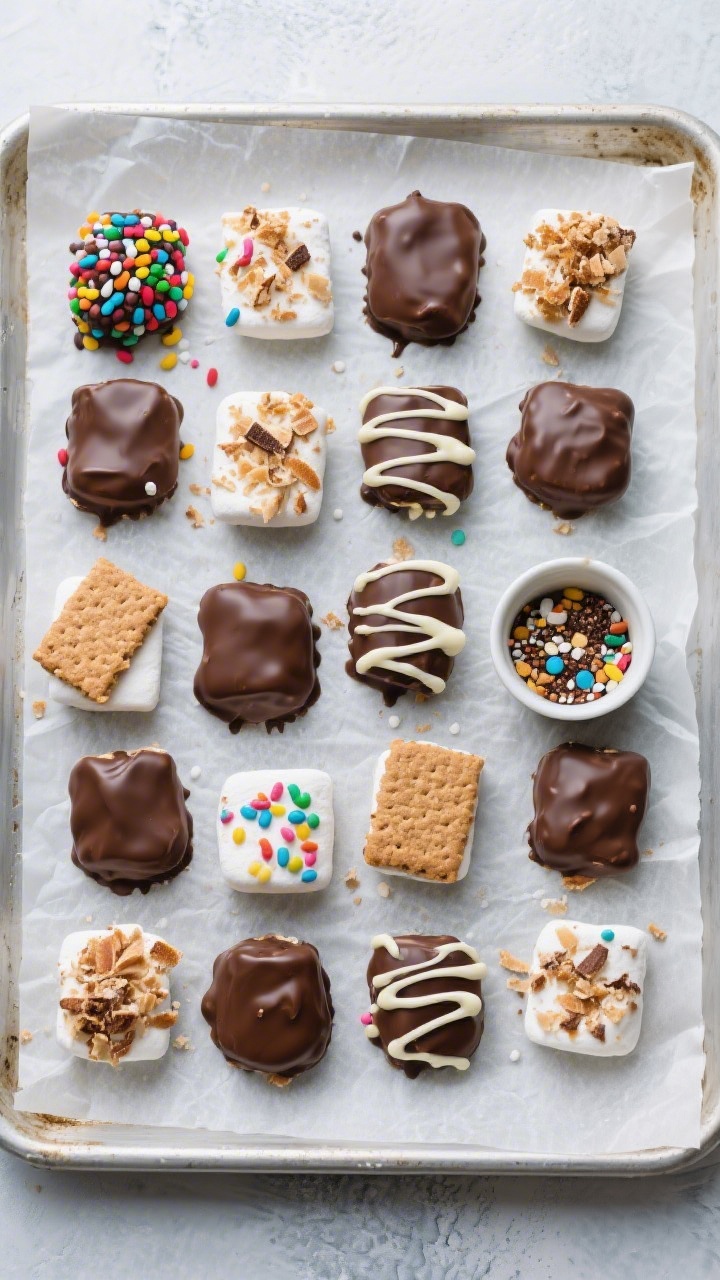 Tasty top view: Overhead shot of a parchment-lined baking sheet filled with assorted chocolate dippe