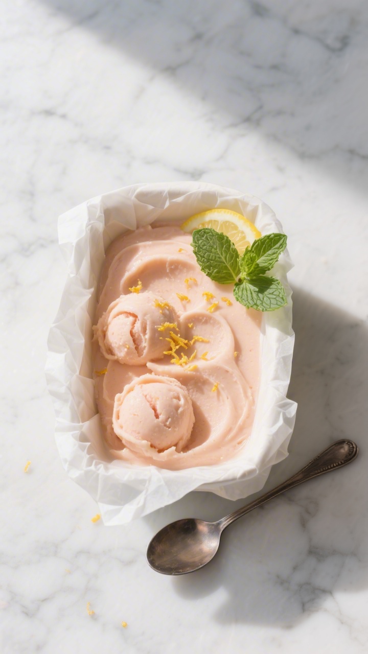 Tasty top view: Overhead shot of a shallow, parchment-lined container of freshly set peach sorbet wi
