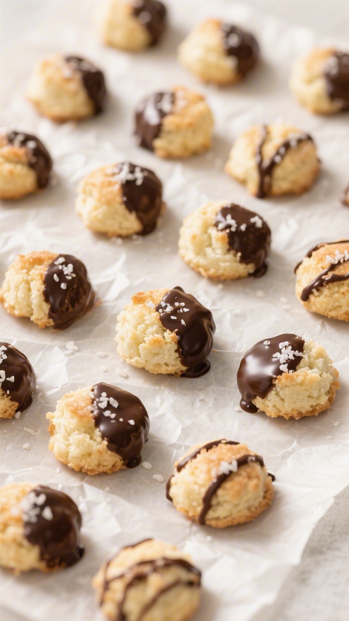 Tasty top view: Overhead shot of bite-sized coconut macaroons neatly arranged on parchment with a fe