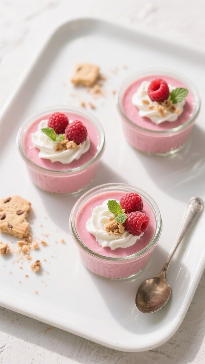 Tasty top view: Overhead shot of chilled raspberry pudding set in small glass ramekins, topped with 