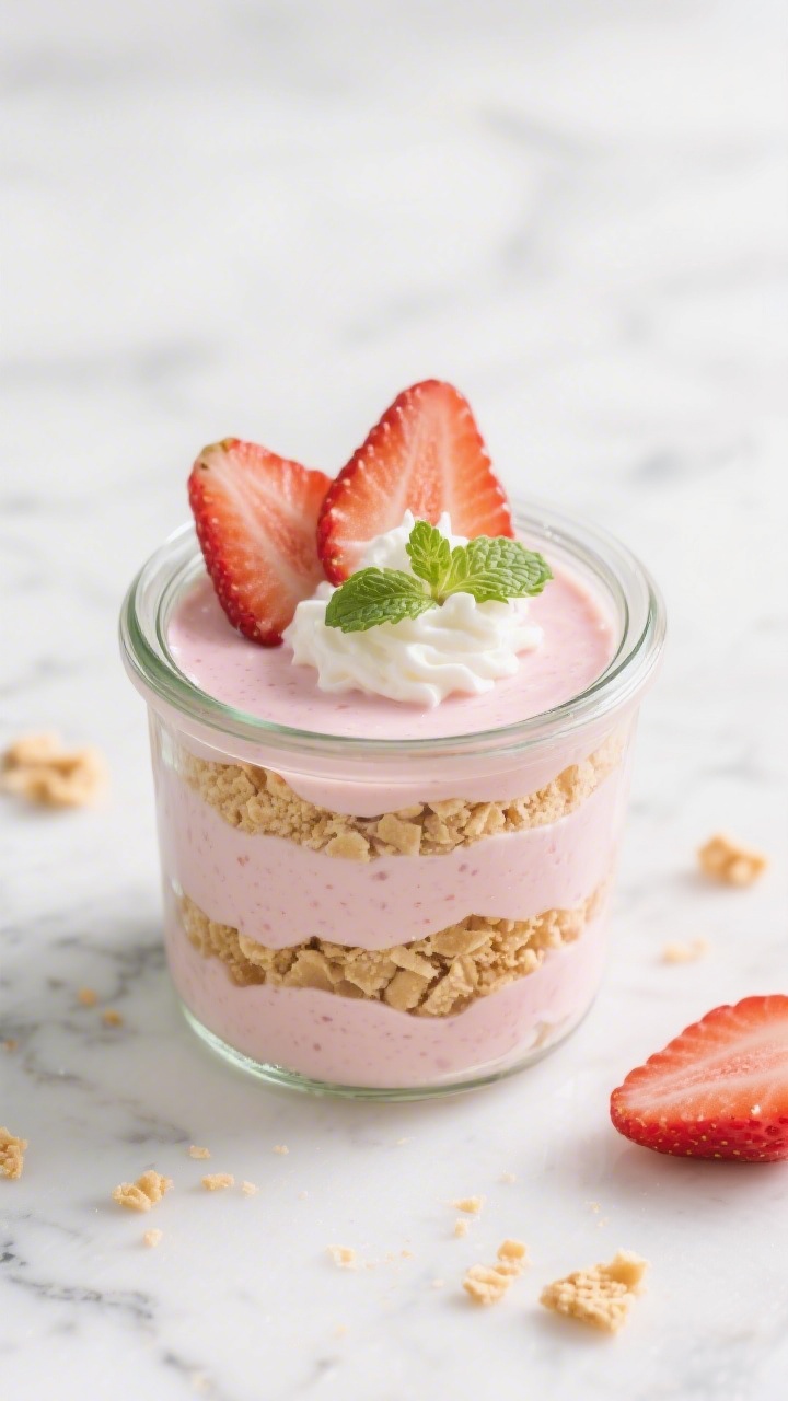 Tasty top view: Overhead shot of chilled strawberry pudding layered with crushed vanilla wafers in s