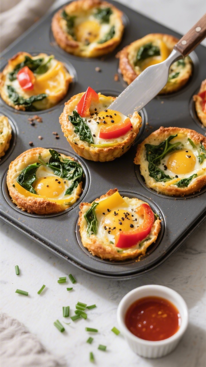 Tasty top view: Overhead shot of freshly baked mini veggie egg muffins still in the tin, puffed and 