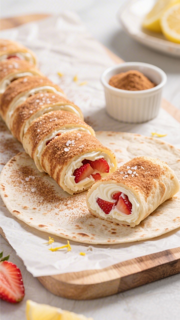 Tasty top view: Overhead shot of freshly coated strawberry cream cheese roll ups arranged in a neat 