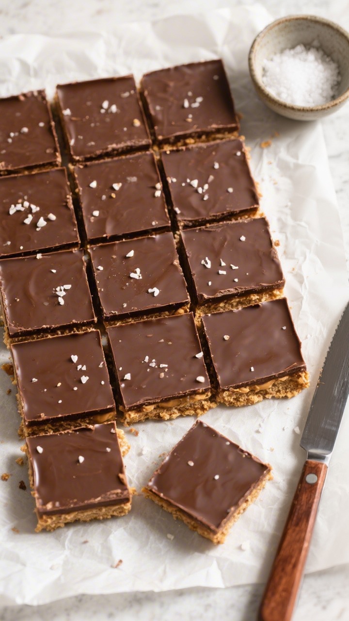 Tasty top view: Overhead shot of neatly sliced no-bake chocolate peanut butter bars arranged in a gr
