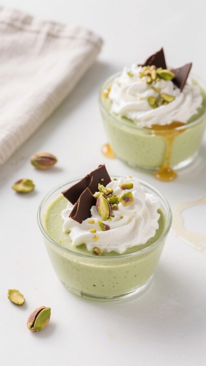 Tasty top view: Overhead shot of pistachio pudding served in small glass dessert cups, topped with a