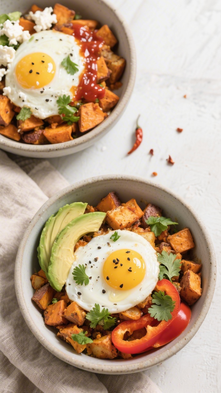 Tasty top view: Overhead shot of sweet potato hash bowls topped with perfectly poached eggs (set whi
