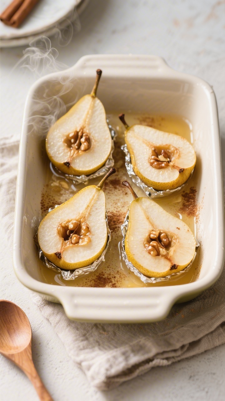 Tasty top view: Overhead shot of the assembled pears mid-bake after foil removal—four pear halves 