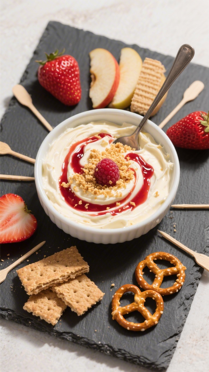 Tasty top view: Overhead shot of the finished cheesecake dip spooned into a white ceramic serving bo