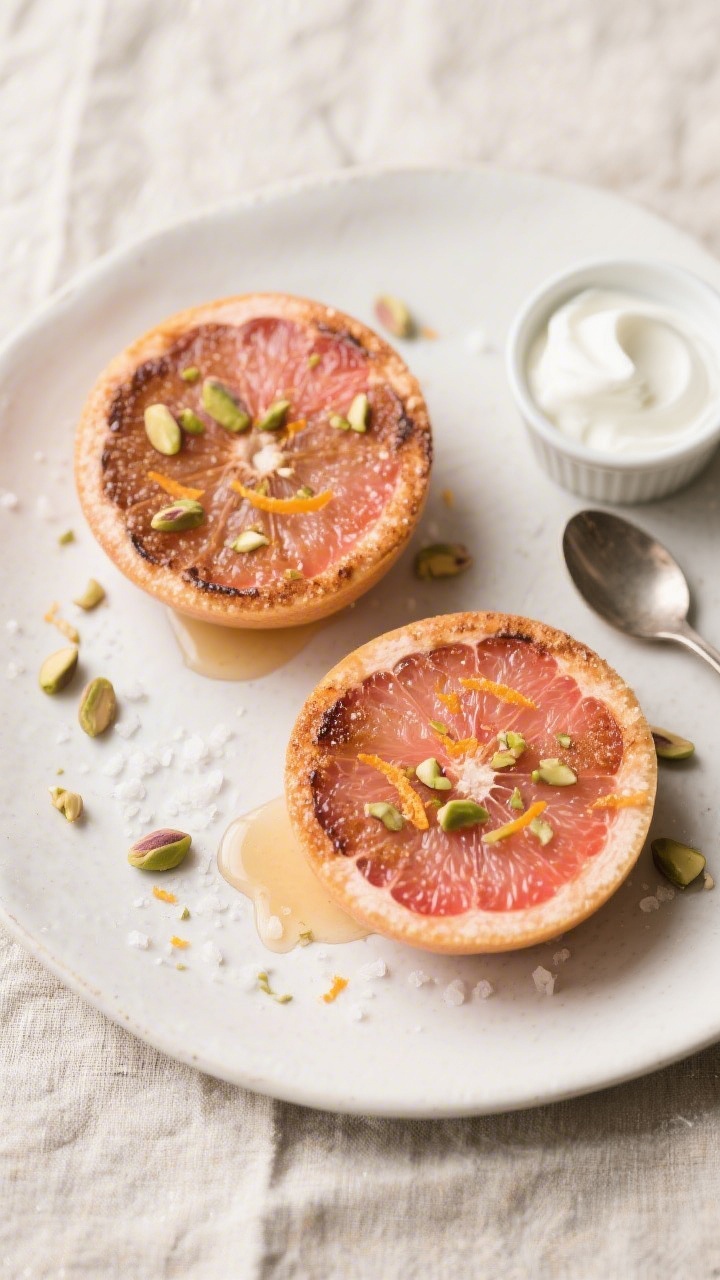 Tasty top view: Overhead shot of two baked grapefruit halves on a matte white plate, sprinkled with 