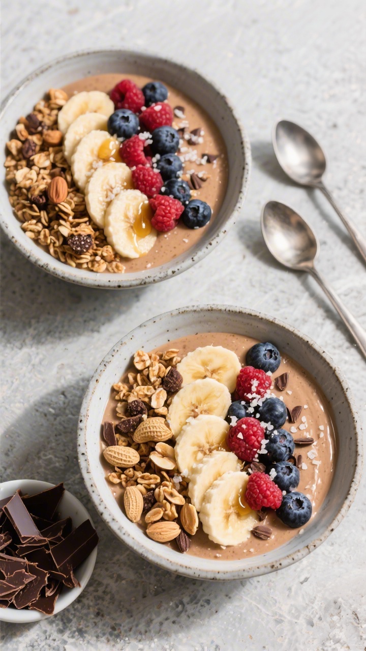 Tasty top view: Overhead shot of two peanut‑butter protein smoothie bowls, perfectly spoonable and