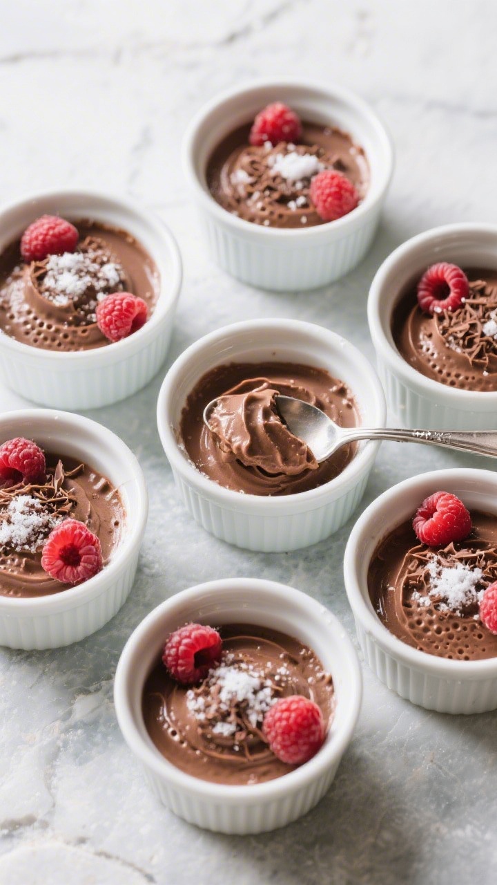3 Ingredient Chocolate Mousse - Light, Lush, and Incredibly Easy 4 Tasty top-view shot: overhead of individual portions of set chocolate mousse in white ramekins, show