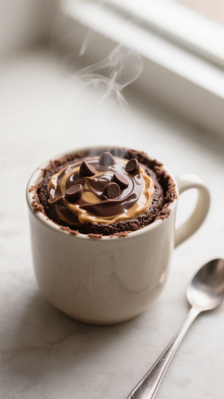 Close-up detail: A freshly microwaved peanut‑butter chocolate‑fudge mug cake in a 10–12 oz cer