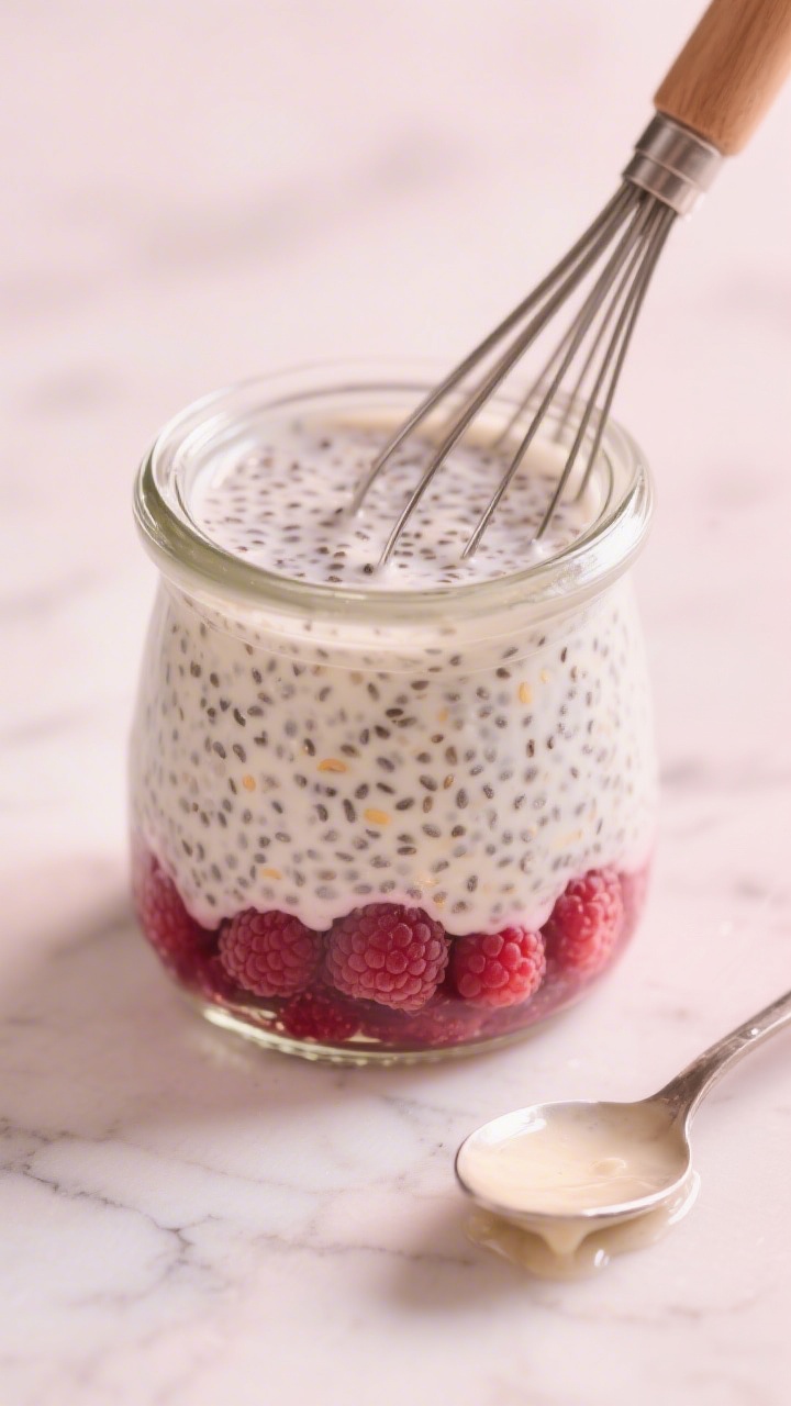 Close-up detail: A glass jar of raspberry chia pudding mid-set after the second whisk, showing the c
