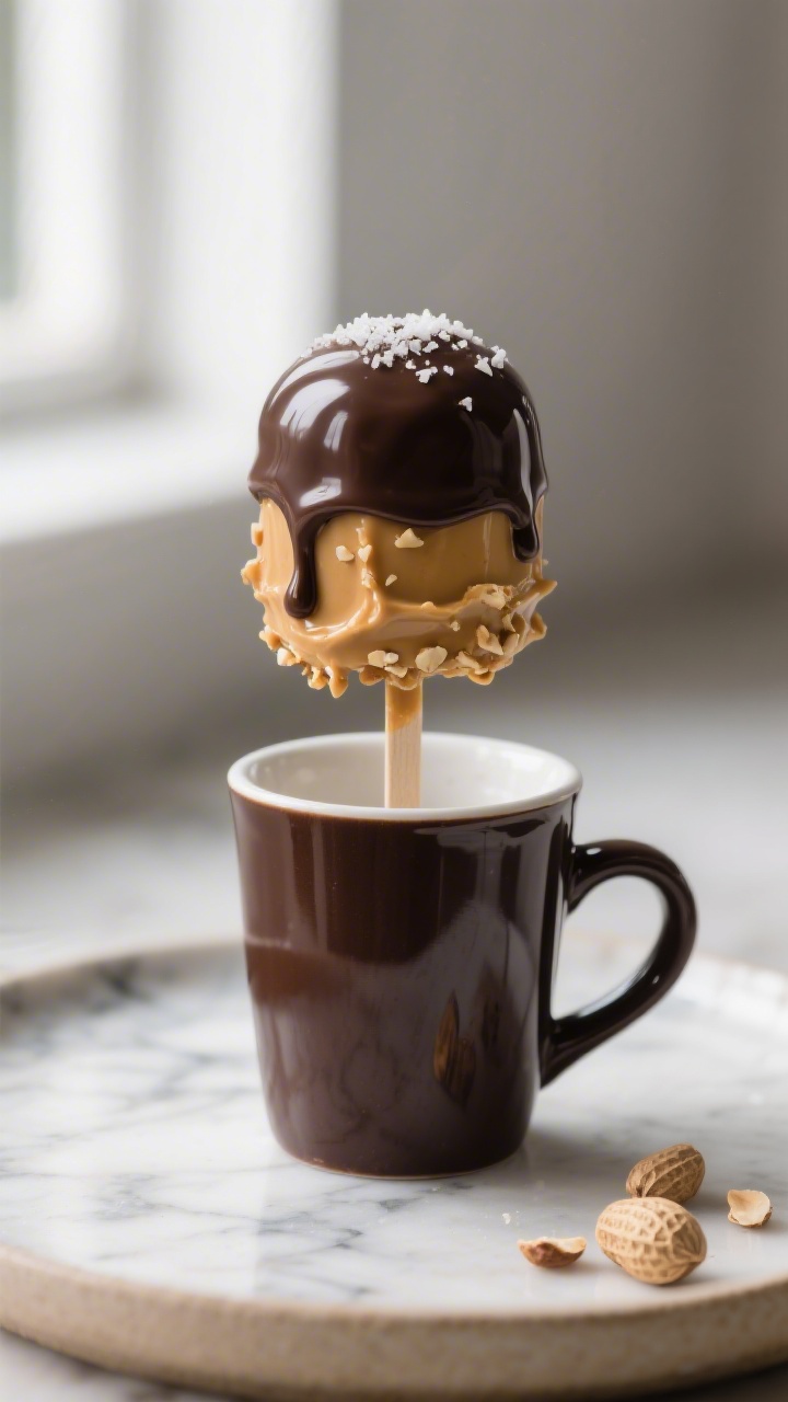 Close-up detail: A glossy, just-released dark-chocolate peanut-butter mug pop held upright on a marb