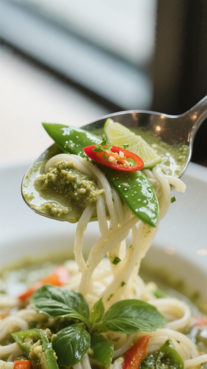 Close-up detail: A glossy spoonful of Thai green curry coating springy medium-width rice noodles, wi