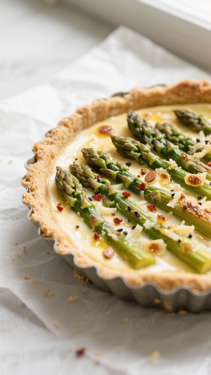 Close-up detail: A just-baked asparagus keto tart in a fluted 9-inch tart pan with a golden almond-f