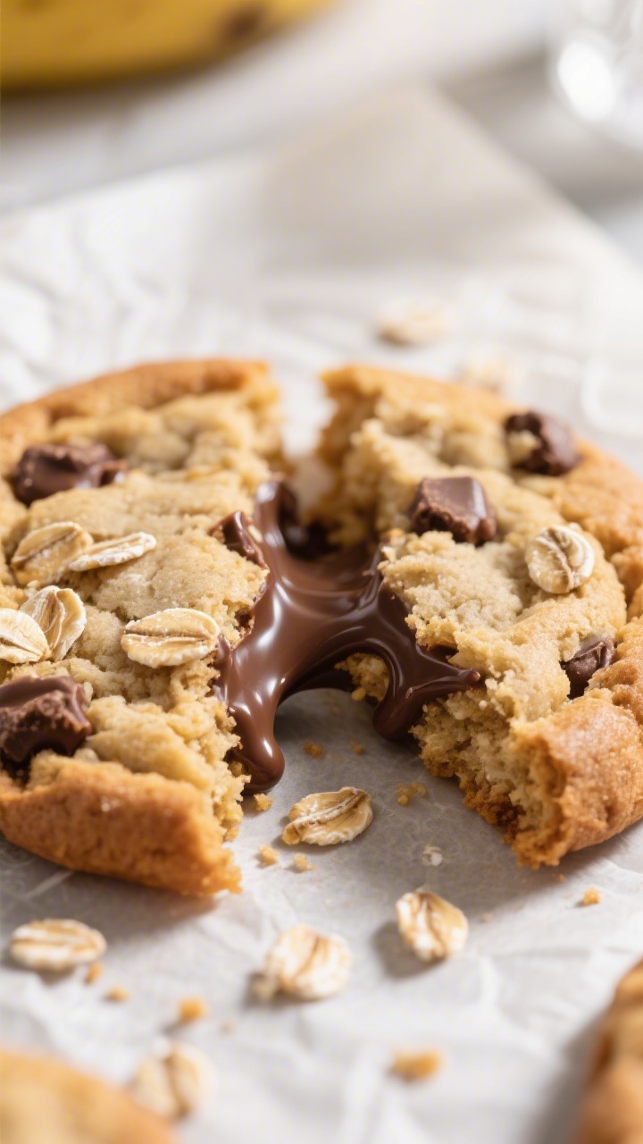 Close-up detail: A just-baked banana‑oat chocolate chip cookie torn in half, melty semisweet choco