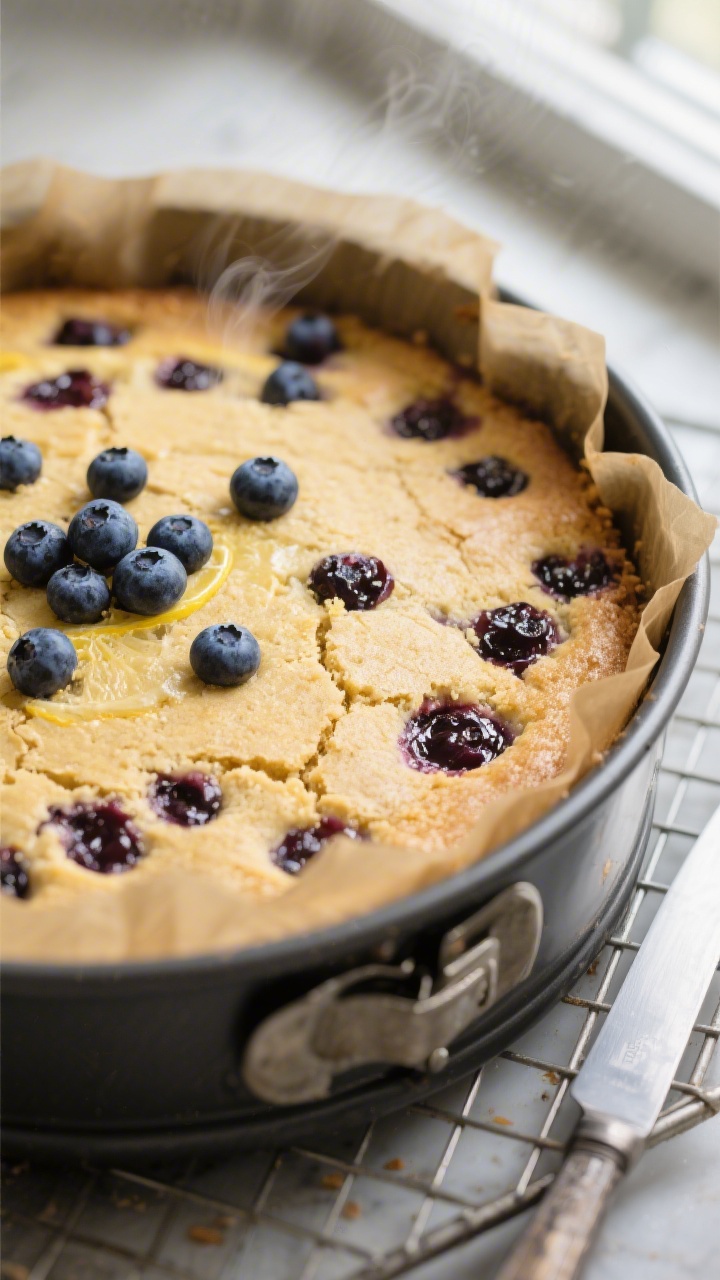 Close-up detail: A just-baked flourless lemon‑blueberry cake still in a 9-inch springform pan, top
