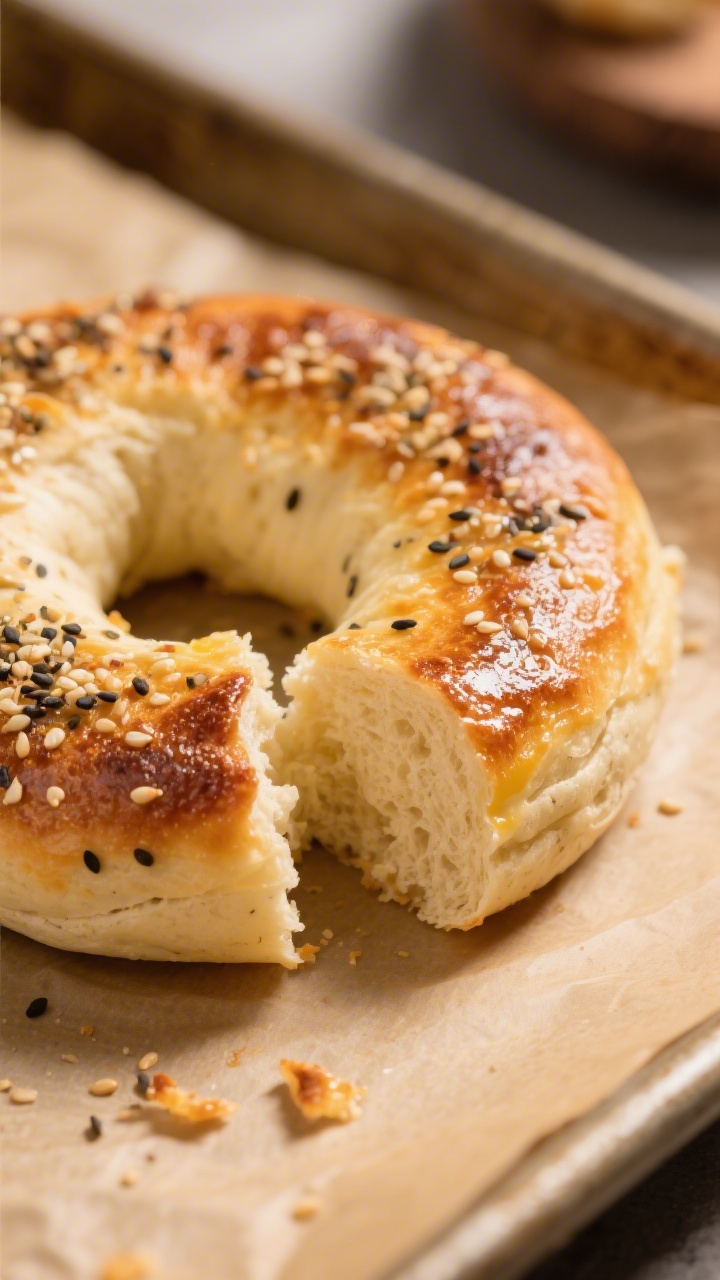 Close-up detail: A just-baked low carb bagel made from almond flour and mozzarella “fathead” dou