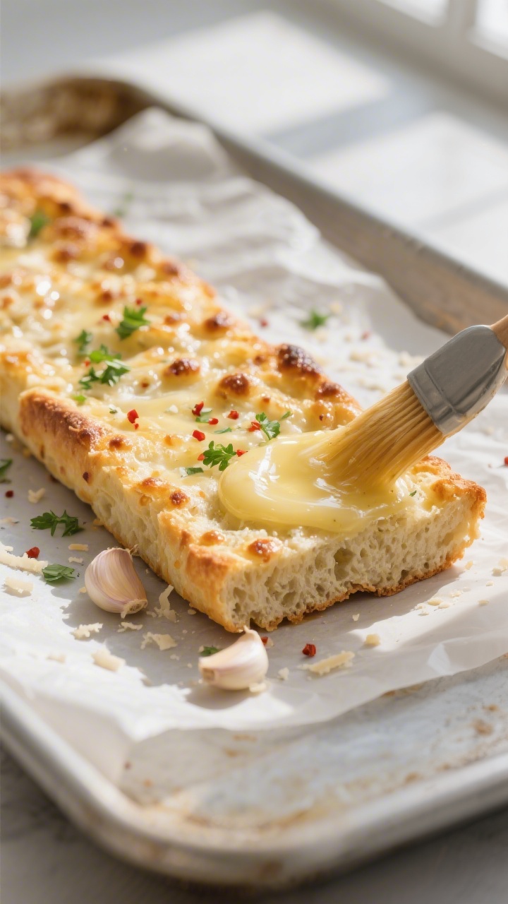 Close-up detail: A just-baked low carb garlic bread slab on parchment, edges golden and crisp with t