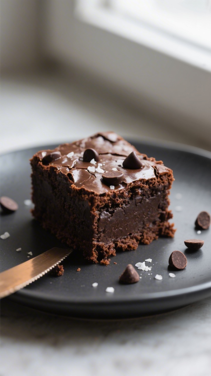 Flourless Chocolate Avocado Brownies - Fudgy, Simple, and Naturally Sweet 2 Close-up detail: A just-cut square of flourless chocolate avocado brownie with a glossy, crackly top