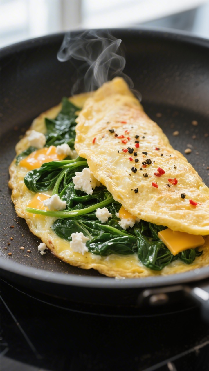 Close-up detail: A just-folded spinach omelette in a nonstick skillet over medium-low heat, the eggs