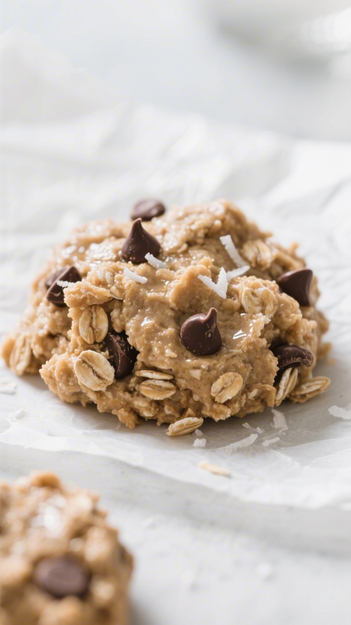 Close-up detail: A mound of no-bake almond-butter oat cookie mixture just scooped and lightly presse
