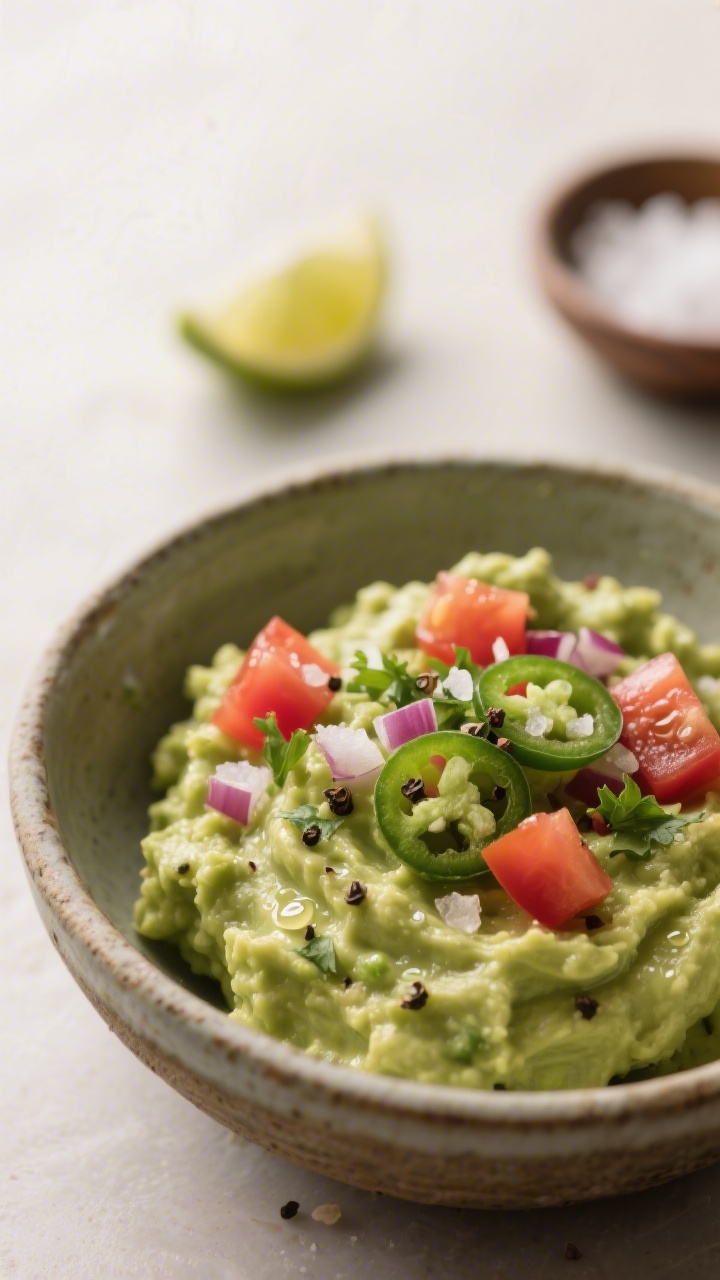 Close-up detail: A rustic bowl of freshly mashed guacamole, slightly chunky with visible flecks of m