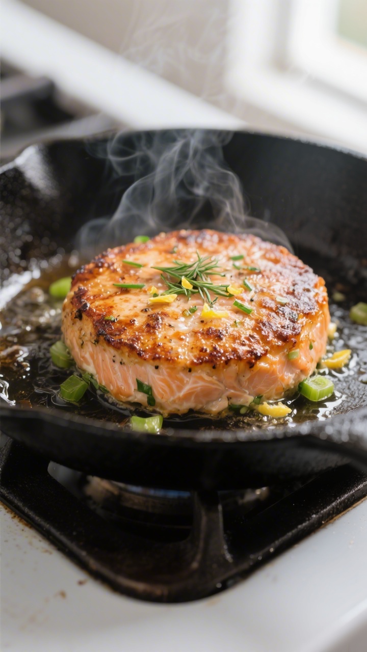 Salmon Burger Keto Bunless - A Fresh, Flavorful Low-Carb Favorite 2 Close-up detail: A seared salmon burger patty in a skillet mid-cook, deeply golden crust with visibl