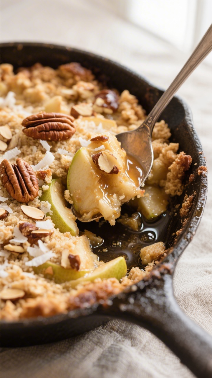 Close-up detail: A spoon breaking into a freshly baked low carb apple crisp in a cast-iron skillet, 